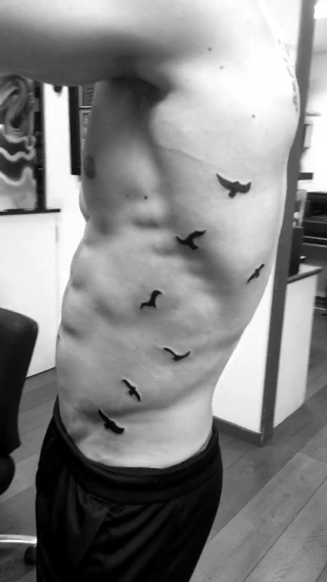 Flock of Birds Tattoo (me)! Bird Side Tattoo, Bird Side Tattoo Men, Flock Of Birds Tattoo Men, Bird Flock Tattoo, Doves Flying Tattoo, Flock Of Birds Tattoo, Bird On A Limb Tattoo, Birds Flying Tattoo Ribs, Bird Tattoo On Stomach