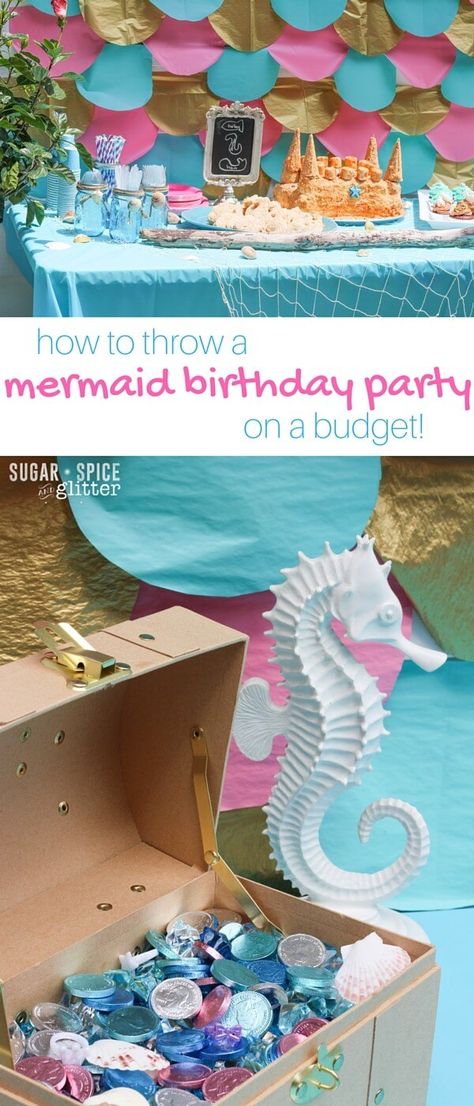 How to Throw a Mermaid Birthday Party on a budget - this mom shares all of the details how she entertained 40 people on a budget of $150. Such cute details, including the mermaid party foods, mermaid play list, and mermaid party activities Diy Mermaid Birthday Party, Party Food On A Budget, Birthday Party On A Budget, Birthday Party Mermaid, Mermaid Party Food, Mermaid Pirate Party, Lila Party, Food On A Budget, Mermaid Pool Parties