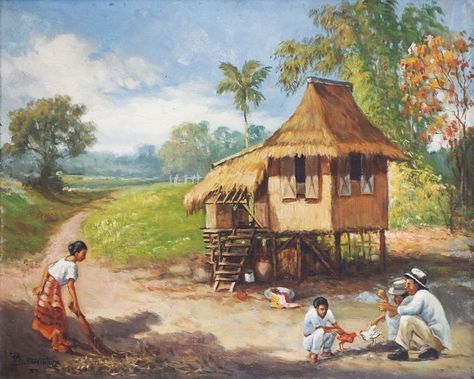 Bahay Kubo Design Philippines, Filipino Paintings, Wikang Pambansa, History Drawing, Philippine History, Bahay Kubo, Environment Painting, Filipino Art, Philippine Art