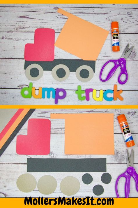 Are you looking for a simple but fun Construction themed  craft to make with your kiddos?  This  adorable Dump Truck Craft Template is perfect for toddlers, preschoolers,  kindergarteners, and elementary aged kids.   It’s great for a classroom, a cute homeschool craft activity, or a cut  and glue craft to put together at home with your kids.  Perfect for an easy print and go activity.  For more adorable and simple craft templates  visit MollersMakesIt.com. Trucks Crafts Preschool, Dump Truck Art Preschool, Dump Truck Activities For Preschool, Garbage Crafts For Preschool, Mechanic Preschool Craft, Build A Truck Preschool Activity, Bulldozer Craft Preschool, Construction Worker Preschool Crafts, Tools And Machines Preschool Crafts