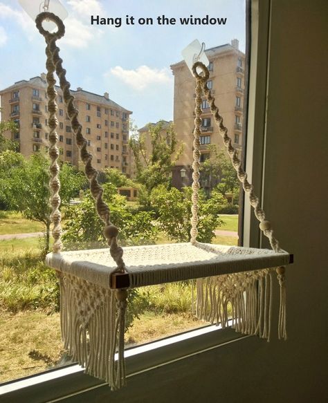 Diy Cat Hammock, Macrame Furniture, Bed Boho, Cat Wall Hanging, Cat Window Hammock, Macrame Cat Hammock, Diy Cat Bed, Hanging House, Macrame Hammock