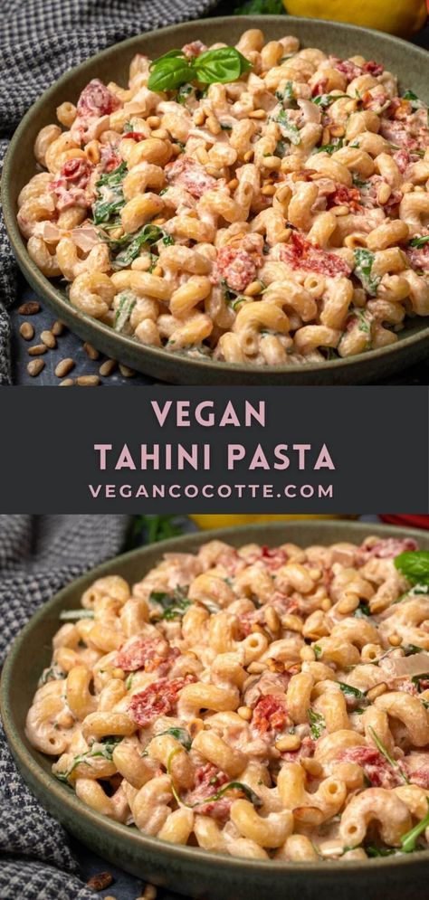 Vegan Tahini Pasta, Sliced Bell Pepper, Tahini Pasta, Plant Based Diet Recipes, Vegan Pasta Recipes, Pasta Food, Vegan Main Dishes, Pasta Salads, Pomegranate Juice