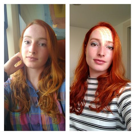 Before and after enhancing my own faded red hair with henna. Henna Hair Dye Red, Faded Red Hair, Best Red Hair Dye, Hair Dye Red, Henna Hair Dye, Red Hair Dye, Red Blonde, Beautiful Freckles, Dyed Red Hair