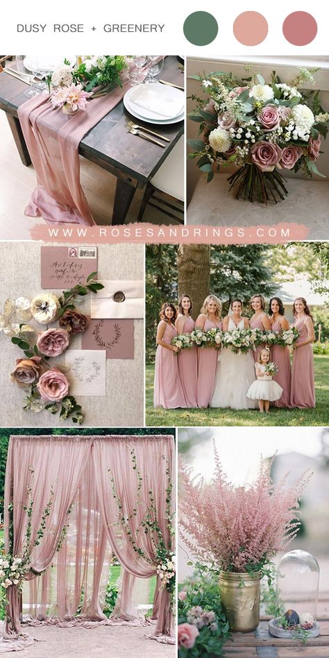 In fact, dusty rose is really taking over for the wedding trend. The plain and humble pink just makes it a perfect wedding color for any wedding decoration, Dusty Rose Wedding Color Palettes, Blush Wedding Colour Scheme, Dusty Rose Wedding Colors, Pink And Green Wedding, Rose Wedding Decorations, Blush Wedding Colors, Greenery Wedding Bouquet, Wedding Color Palettes, Colour Themes