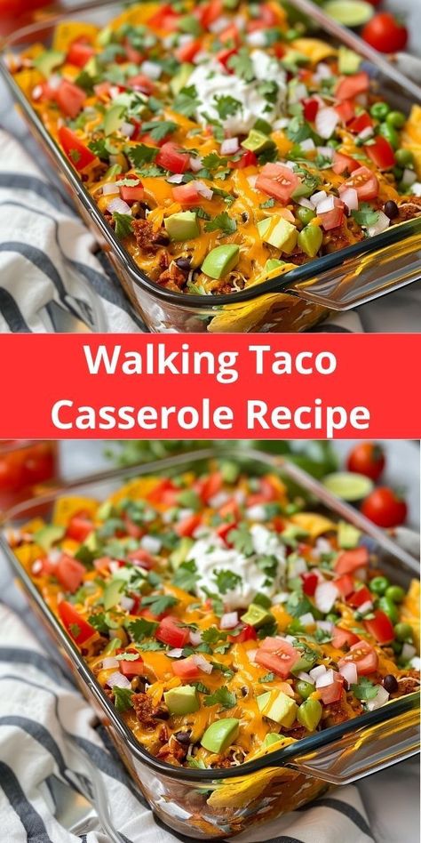 Family-favorite walking taco casserole: taco ingredients in a delicious, easy-to-make dish. Doritos Recipes, Walking Tacos Recipe, Walking Taco Casserole, Favorite Casserole Recipes, Walking Taco, Yummy Casserole Recipes, Walking Tacos, Taco Dinner, Taco Bake