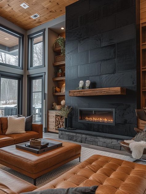 50+ Black Interior Design Concepts: Change Your Perception Black Stone Tile, Stone Tile Fireplace, Stone Fireplace Decor, Interior Design Examples, Slate Fireplace, Black Living Room Decor, Black Bedroom Design, Black Accent Walls, Tile Fireplace