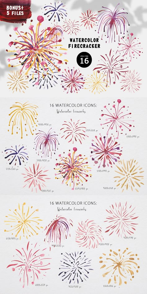 New Years Watercolor Painting, Disney Fireworks Drawing, Watercolor Nye, New Years Eve Watercolor, Firework Painting Easy, Fireworks Watercolor Painting, Fire Work Tattoos, New Years Watercolor Ideas, Watercolour Fireworks