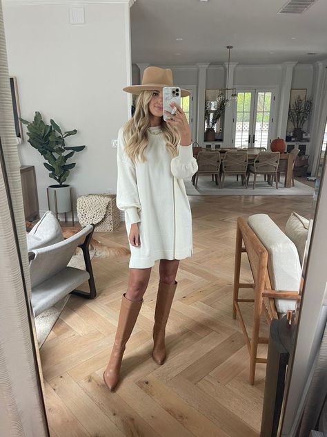 Eckina Knee High Boot curated on LTK Light Brown High Boots, Tan Knee High Boots Outfit Dress, Tan Knee High Boots Outfit, White Knee High Boots Outfit, Tan Boots Outfit, Beige Boots Outfit, Dress Boots Outfit, Dress With Knee High Boots, Neutral Fits