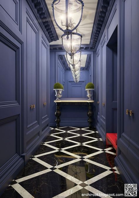 Neoclassicism Corridor Interior Design, Blue Corridor, Interior Design Neoclassical, Joseph Dirand Interiors, Classic House Interior, Neoclassical Interior Design, Boutique Hotel Room, Interior Design Hallway, Front Door Styles