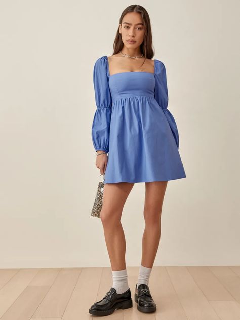 Short Summer Dress Outfits, Blue Dress Sleeves, Dresses Spring 2023, Outfit Graduacion, Baby Doll Dresses, Nyc Outfits Summer, Short Summer Dress, Square Neck Mini Dress, Leopard Print Maxi Dress