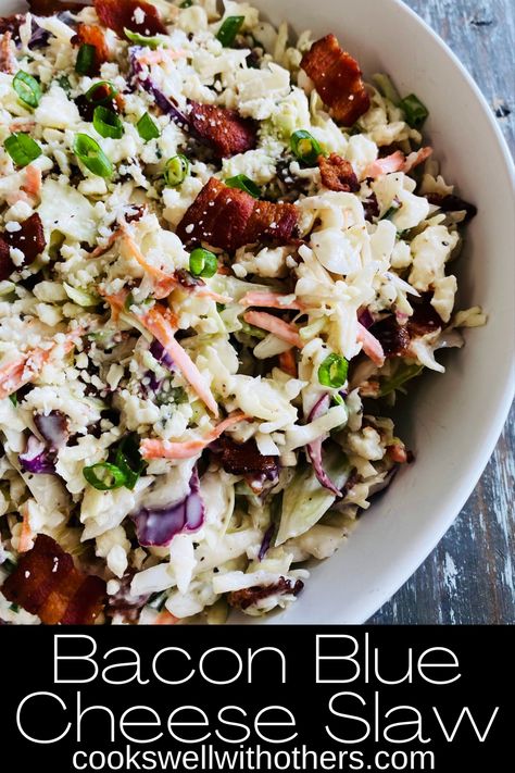 Bacon Ranch Coleslaw, Coleslaw With Blue Cheese, Bacon Coleslaw Recipe, Non Traditional Coleslaw Recipe, Blue Cheese Side Dishes, Blue Cheese Coleslaw Recipe, Keto Picnic Side Dishes, Keto Bbq Sides, Coleslaw With Bacon