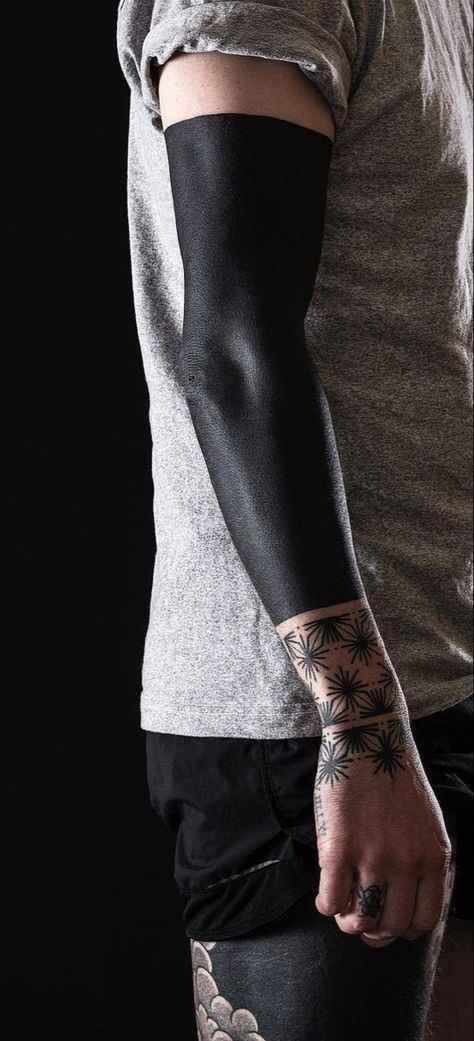 All Black Arm Tattoo, Forearm Blackout Tattoo, Arm Blackout Tattoo, Blackout Arm Tattoo, Blackout Tattoo Design, Black Sleeve Tattoo, Cyberpunk Tattoo, All Black Tattoos, Solid Black Tattoo