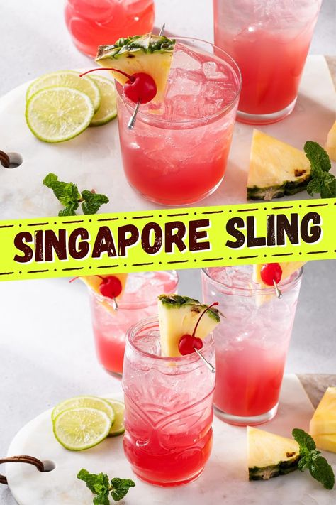 In the mood for a fun and fabulous good time? Try the Singapore Sling today! This tropical cocktail is fruit-forward, fizzy, and just plain delicious. Asian Inspired Cocktails, Strawberry Fizz Cocktail, Singapore Sling Cocktail, Singapore Sling, Cherry Brandy, Cherry Liqueur, Supertree Grove Singapore, Angostura Bitters, Dinner Recipes Crockpot