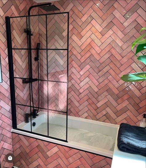 Herringbone Bathroom, Blush Bathroom, Tile Moroccan, Pink Toilet, Pink Tile, Victorian Renovation, Tile Brick, Rustic Tile, Tiles Ideas