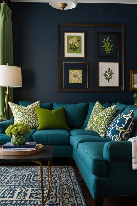 Green And Blue Mid Century Living Room, Navy Sage Green Living Room, Green And Blue Decor Living Room, Green Yellow Living Room, Navy Blue And Emerald Green, Green Living Rooms, Green Decor Ideas, Navy Cushions, Green Couch Living Room