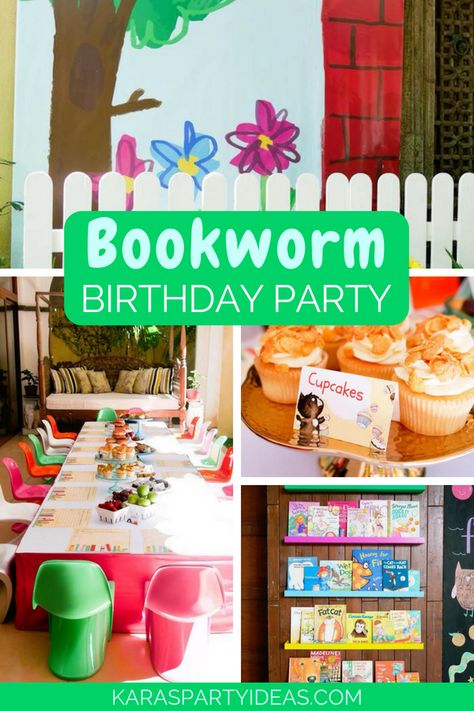 Bookworm Birthday Party via KarasPartyIdeas - KarasPartyIdeas.com Graphic Novel Birthday Party, Book Worm Themed Birthday Party, Library Theme Birthday Party, Bookworm Party Decorations, Bookworm Theme Birthday Party, Books Themed Birthday Party, Reading Themed Birthday Party, Book Worm Party Ideas, Book Party Food Ideas