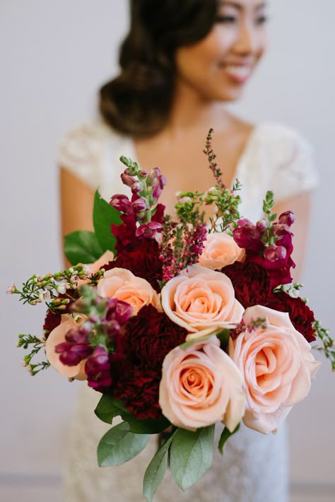 burgundy peach bouquet - photo by GreenAutumn Photography and Film http://ruffledblog.com/wedding-style-meets-the-big-easy Blush Bouquet Wedding, Burgundy And Blush Wedding, Peach Bouquet, Maroon Wedding, Peach Wedding, Bouquet Of Flowers, Burgundy Wedding, Bride Bouquets, Blush Wedding