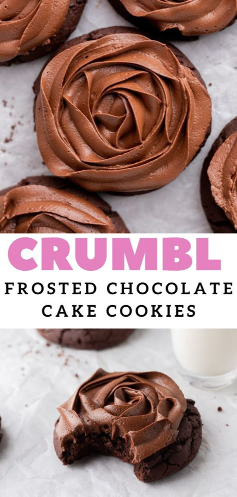 Crumbl Recipes, Cake Cookie Recipe, Crumble Cookie Recipe, Homemade Chocolate Frosting, Chocolate Crumble, Batch Recipes, Frosted Cookies, American Chocolate, Cookie Base