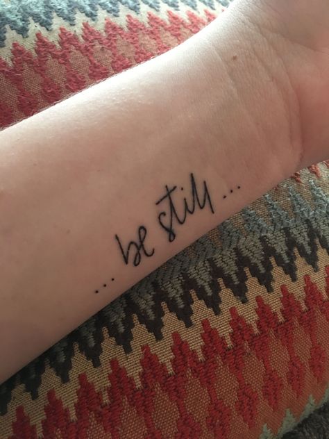 Be still tattoo with an ellipsis on each side. In writing, an ellipsis has two meanings. 1) to omit frivolous or unnecessary content (a reminder to focus on what’s most important) 2) to avoid repeating oneself (a reminder to learn from the past and not repeat it). Thus, the use of two sets is a reminder of both meanings with a reminder to “be still” and just be content where you are and not always worry about where you’re going next. Meaning Full Tattoos, Still Tattoo, Vw Tattoo, Be Still Tattoo, Scripture Tattoos, Health Tattoo, Faith Tattoo, Be Content, Wrist Tattoos For Women