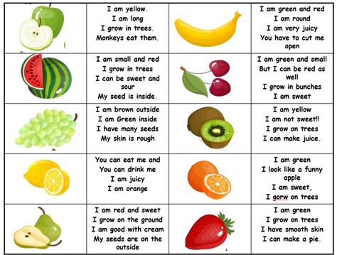 Students are given a board and the fruit/description and have to match the description to the fruit and glue it to the board. They go horizontal across the top and the bottom and vertically along the sides. TO make a frame around the centre. Englishactivities&grammarRules Englishactivities&grammarForkids Englishactivities&grammarNotes Englishactivities&grammarTenses Englishactivities&grammarWorksheets Englishactivities&grammarHalloween Englishactivities&grammarKindergarten Fruits Activities For Kids, Self Directed Learning, Food Riddles, Fruit Games, Fruit Quiz, Fruit Activities, Esl Kindergarten, Make A Frame, Activity For Kindergarten