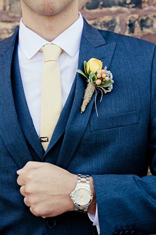 Navy suit and yellow tie |  Obviously I want a brighter yellow tie. Now I am trying to decide- boutonniere or something in the pocket? Navy Suit Blue Tie, Navy Suit Brown Shoes, Navy Groomsmen Suits, Yellow Boutonniere, Blue Groomsmen, Navy Groom, Navy Suit Wedding, Yellow Wedding Theme, Bride Ideas