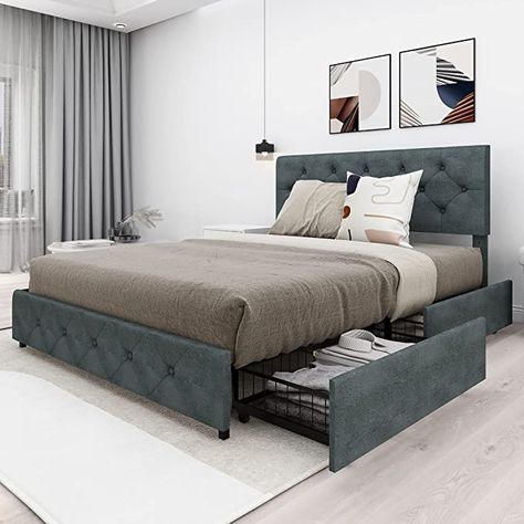 Wancla Queen Upholstered Platform Bed Frame with 4 Storage Drawers/Adjustable Button Tufted Headboard/No Box Spring Neeed/Wood Slat Support/Easy Assembly/Dark Grey, Leathaire