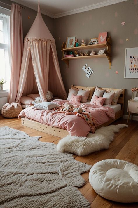 Childrens Bedrooms Girls Ideas, Bohemian Floor Bed, Pink Girls Bedroom Toddler, Toddler Girl Rooms Ideas, Toddler Room Girl Ideas, Floor Bed Toddler Room Ideas, Little Toddler Girl Room Decorating Ideas, Daughters Bedroom Ideas, Bedroom With Ledge Wall