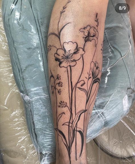 Flowers On Shin Tattoo, Flowers Calf Tattoo, Flower Shin Tattoos For Women, Shin Tattoo Design, Flower Leg Tattoos Women, Flower Shin Tattoo, Flower Leg Sleeve Tattoo, Wrap Around Leg Tattoo Women, Healer Tattoo