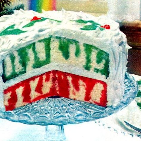 How to make a classic Christmas Rainbow Poke Cake with red & green gelatin (1980s) - Click Americana Rainbow Poke Cake, Christmas Poke Cake, Jello Cake, Christmas Rainbow, Poke Cake Recipes, Poke Cakes, Magic Cake, Salty Cake, Jell O