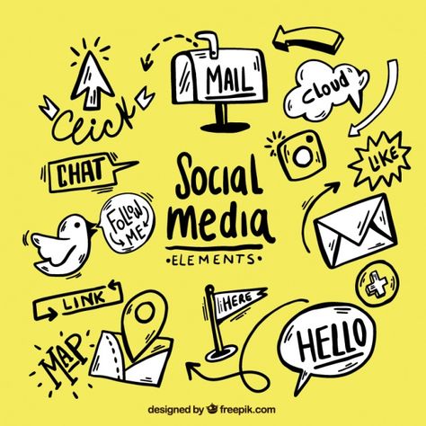 Collection of hand drawn social media elements  Free Vector Social Media Elements, Hello Design, Creative Labs, Map Design, Grow Business, Graphic Resources, Start Up, Vector Free, How To Make Money