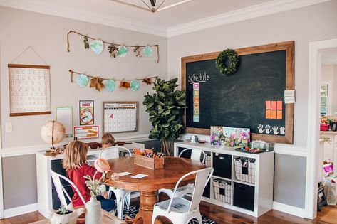 Unfinished Basement Homeschool Room, Dining Room Playroom Combo, Homeschooling Room, Homeschool Room Ideas, Dining Room Playroom, Homeschool Room Decor, Homeschool Room Design, Homeschool Room Organization, Homeschool Space