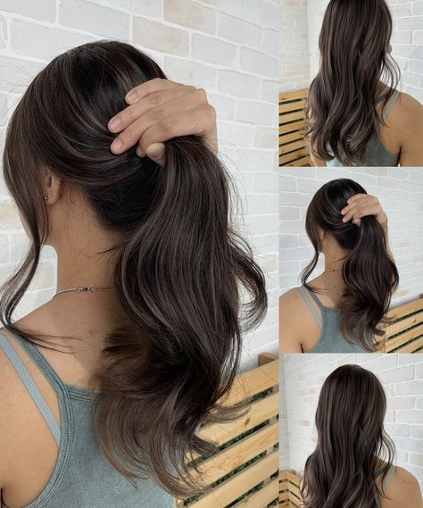 Japanese Balayage Dark Hair, Balayage Hair On Asian Black Hair, Asian Silver Highlights, Babylights Brunette Cool Tone, Colours To Dye Black Hair, Natural Asian Highlights, Black Hair Color Correction, Hair Dye Inspo Black Hair, Asian Partial Highlights