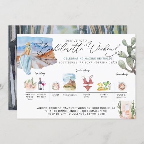 Bachelorette Weekend Itinerary | Desert Cactus for $2.80 - Bachelorette Invitations Cactus Invitation, Fun Bachelorette Party Ideas, Travel Bridal Showers, Wedding Weekend Itinerary, Beach Invitations, Bachelorette Weekend Itinerary, Fun Bachelorette Party, Bridal Brunch Invitations, Weekend Itinerary