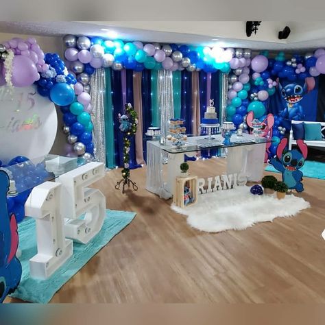 Stitch Theme Quinceanera, Stitch Sweet 16 Party Ideas, Lilo And Stitch Quinceanera Theme, Lilo And Stitch Sweet 16, Stitch Quinceanera Theme, Sweet 15 Themes, Stitch Balloons, Quince Decorations Ideas, Lilo And Stitch Cake