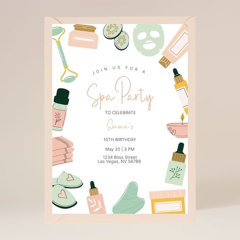 Spa Birthday Party Invitation Editable on Corjl Digital - Etsy Cyprus Spa Birthday Party Invitations Printable, Spa Day Birthday Party Invitations, Spa Party Invitations Free Printable, Spa Invitations Ideas, Skincare Sleepover, Spa Day Invitations, Spa Invitations, Spa Party Invite, Spa Themed Birthday Party