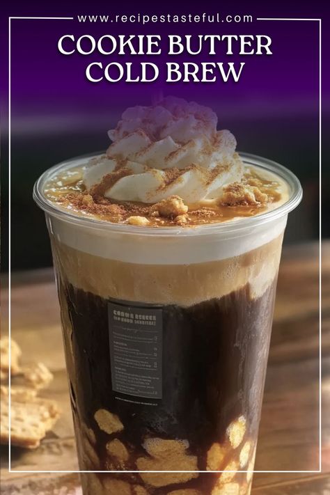 Indulge in a creamy and refreshing treat with this Cookie Butter Cold Brew! The combination of cold brew coffee, oat milk, and a sweet cookie butter cold foam creates the perfect balance of flavors. A touch of brown sugar and liquid cane syrup adds richness, while extra cookie crumbles on top complete this delicious iced coffee drink. Perfect for those who love the sweet and cozy flavor of cookie butter in a cool, energizing form! Cookie Butter Cold Brew, Cane Syrup, Cold Brew Recipe, Brown Sugar Syrup, Butter Coffee, Cold Foam, Coffee Cookies, Cookie Butter, Coffee Syrup