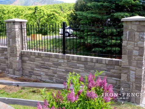 3ft tall wrought iron fence installed on an engineered stone wall top and pillars Wood Pillars, Fence And Gate, Stone Fence, Country Fences, Natural Fence, Cheap Fence, Front Fence, Concrete Fence, Brick Fence