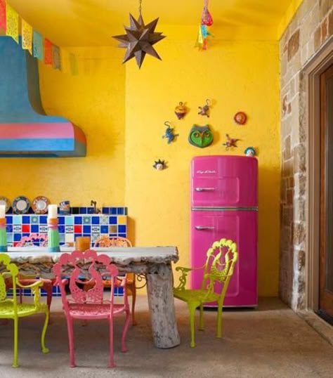 My Dream Mexican House Big Chill Appliances, Pink Refrigerator, Pink Fridge, Mexican Interior Design, Mexican Interiors, Retro Refrigerator, Kitchen Design Color, Mexican Home Decor, Eclectic Kitchen