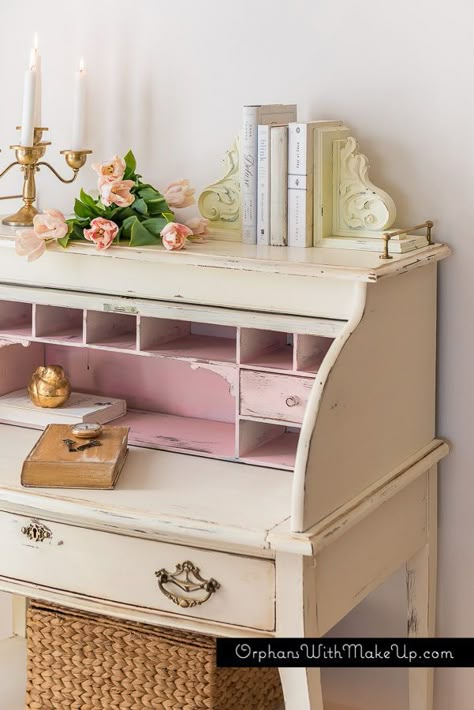 A Touch Of Pink.  Gorgeously Feminine Roll-Top Desk Makeover from Orphans With Makeup Roll Top Desk Makeover, Painted Desks, Rolltop Desk, Country Chic Paint, Chalk Paint Ideas, Roll Top Desk, Desk Makeover, Writing Desks, Secretary Desk