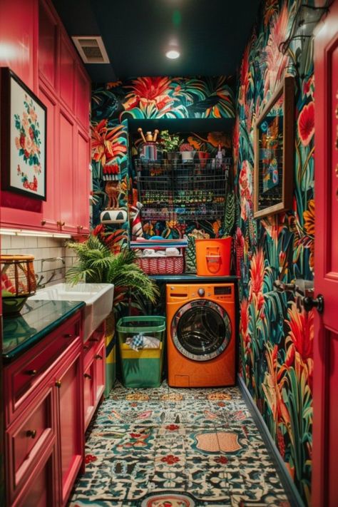 Laundry Room Art And Decor Ideas, Maximalist Laundry Room, Washing Room Ideas, Colorful Home Aesthetic, Colorful Laundry Room Ideas, Maximalism House, Washroom Makeover, Eclectic Laundry Room, Maximalist Entryway