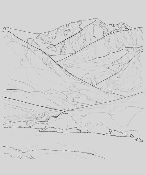 Mountain Valley - hopefully the shapes are easy to read Valley Drawing Mountain, Valley Drawing, Mountain Range Outline, Valley With Mountains, Mountain Scene Coloring Pages, Virginia Mountains, Valley Landscape, Mountain Drawing, Mountain Valley