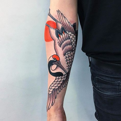 Crane by Caio Piñeiro #CaioPinerio #Japanese #newtraditional #mashup #sun #crane #color #bird #wings #feathers #nature #tattoooftheday Japanese Tattoo Cherry Blossom, Small Japanese Tattoo, Japanese Tattoo Meanings, Japanese Tattoo Women, Wings Feathers, Pocket Watch Tattoos, Crane Tattoo, Japanese Tattoo Symbols, Tattoo Bird