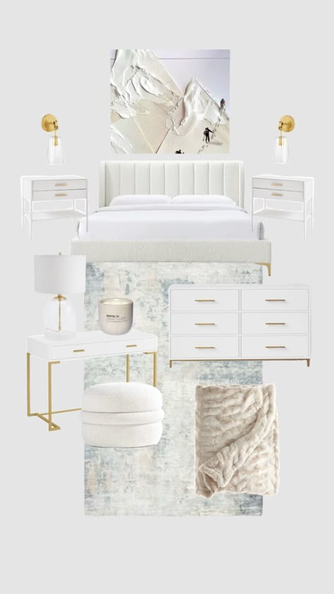 White Bedroom Navy Accents, White And Gold Modern Bedroom, Room Ideas Aesthetic Gold And White, Neutrals Bedroom Ideas, Pink Inspired Room, Elle Woods Room Aesthetic, Preppy Headboards, White And Gold Room Aesthetic, Gold Aesthetic Room