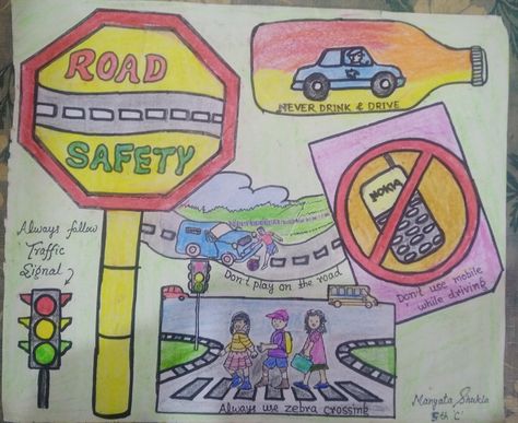 Road Safety Poster Drawing Competition, Road Safety Poster Drawing, Road Safety Poster Creative Drawing, Creative Book Report, Road Safety Poster, Road Traffic Safety, Road Drawing, Scenery Drawing, Zebra Crossing