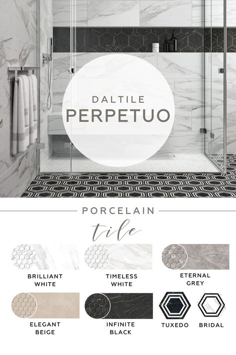 Perpetuo delivers the everlasting beauty of marble veining in five neutral yet striking visuals. Design your entire living space with floor tile available in three traditional formats and an 8" hexagon, and wall tile available in multi-geometric, wave and flat structures. Black Tile Bathroom Floor, Hexagon Bathroom, Material Color Palette, Black Tile Bathrooms, Geometric Wave, Expensive Decor, Shower Tile Designs, Marble Look Tile, Black Tiles