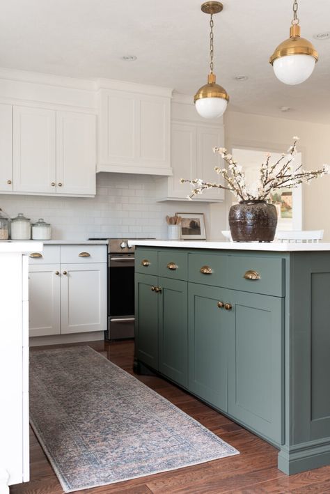 Beige Cabinets Green Island, Green Island Cabinets, Olive Island Kitchen, Island Kitchen Color Ideas, Green Island White Cabinets, Green Lower Kitchen Cabinets, Green Paint Colours, Farmhouse Reno, Benjamin Moore Kitchen