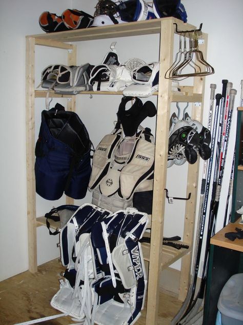 Mini Hockey Stick Storage, Hockey Bag Storage Ideas, Hockey Gear Drying Rack, Hockey Gear Storage, Hockey Stick Storage, Hockey Equipment Drying Rack, Hockey Equipment Storage, Hockey Drying Rack, Hockey Storage