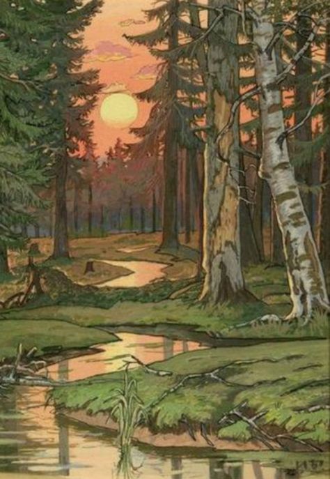 Forest At Sunset, Ivan Bilibin, Forest Drawing, Fairy Forest, Forest Illustration, Arte Sketchbook, Forest Art, Fairytale Art, Russian Art