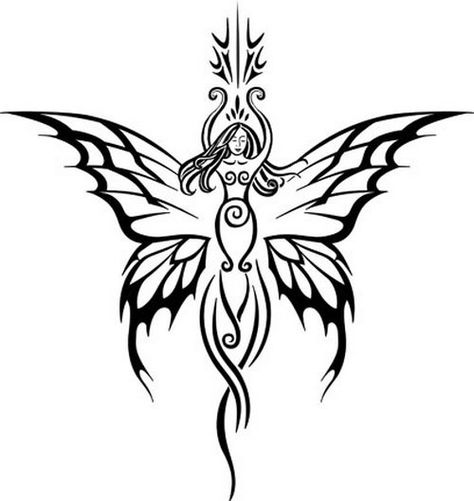 Tribal Tattoo Design - see more designs on http://thebodyisacanvas.com Goddess With Wings Tattoo, Goddess Back Tattoo, Gaia Goddess Tattoo, Tattoos Fairy, Tato 3d, Fairy Tattoos, Winged Goddess, Gaia Goddess, Celtic Fairy