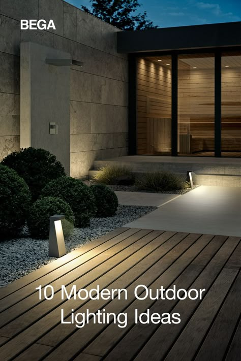 Finding the best exterior lighting for your outdoor living space is important for creating the right atmosphere and ambience. Using garden pathway lighting, floodlights, and wall fixtures to create comfortable illumination can enhance your outdoor entertainment area. Click to explore 10 modern outdoor lighting ideas! Garden Decorations Ideas, Front Yard Lighting, Outside Lighting Ideas, Exterior House Lights, Modern Exterior Lighting, Vogue Decor, Modern Garden Lighting, Outdoor Lighting Ideas, Walkway Lighting